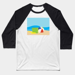 Green toy bucket, Yellow shavel and beach ball on Brown sand and Blue sea background Baseball T-Shirt